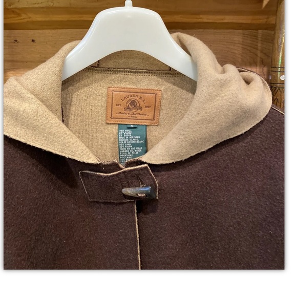 Ralph LAUREN BROWN Wool TRENCH COAT nylon TAN Hood COAT HORN BUTTONS big pockets - Picture 4 of 12